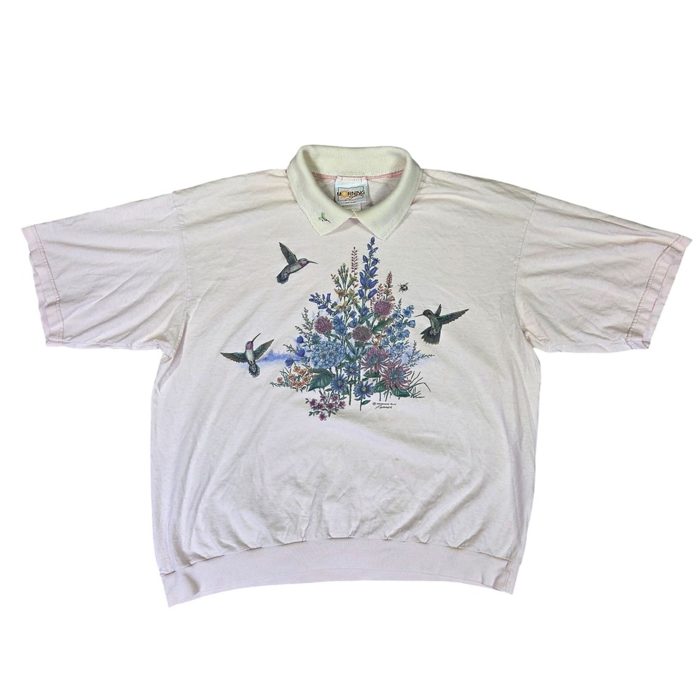 Vintage Morning Hummingbird Floral Polo Collar Short Sleeve Shirt Cottagecore